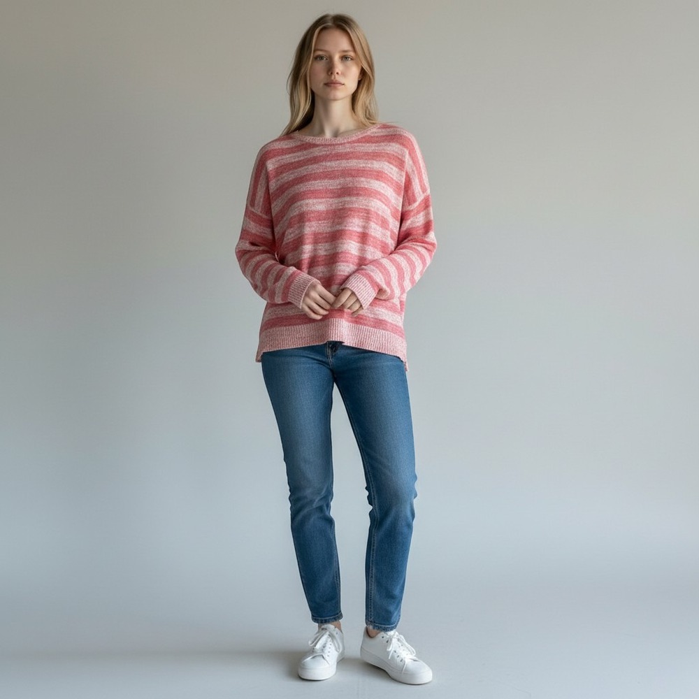 Aeropostale Womens Pink White Striped Knit Sweater Crew Neck Long Sleeve Size M